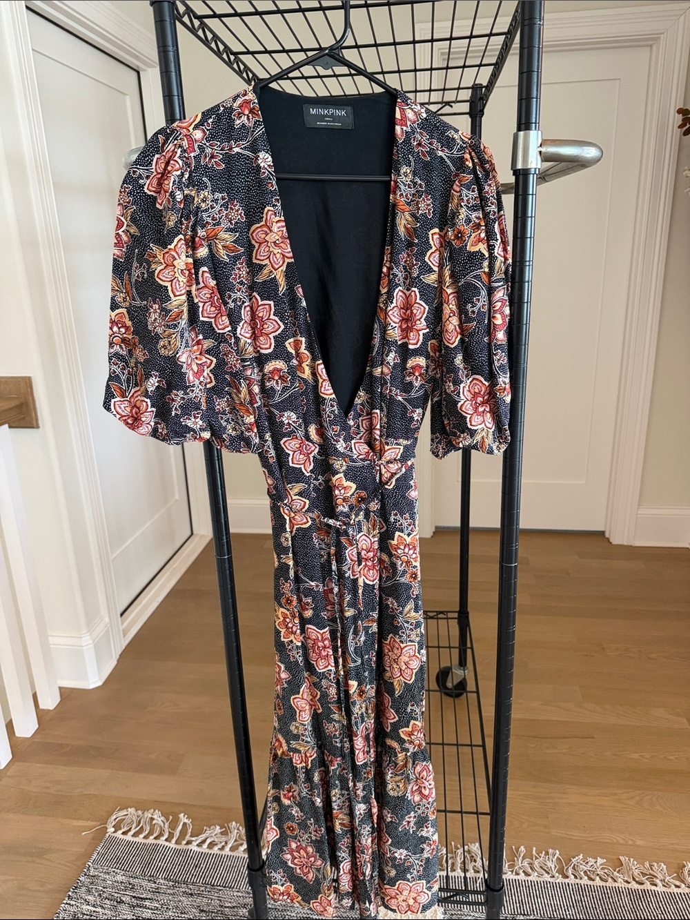 MINKPINK Black Floral Wrap Midi Dress with Tie Waist